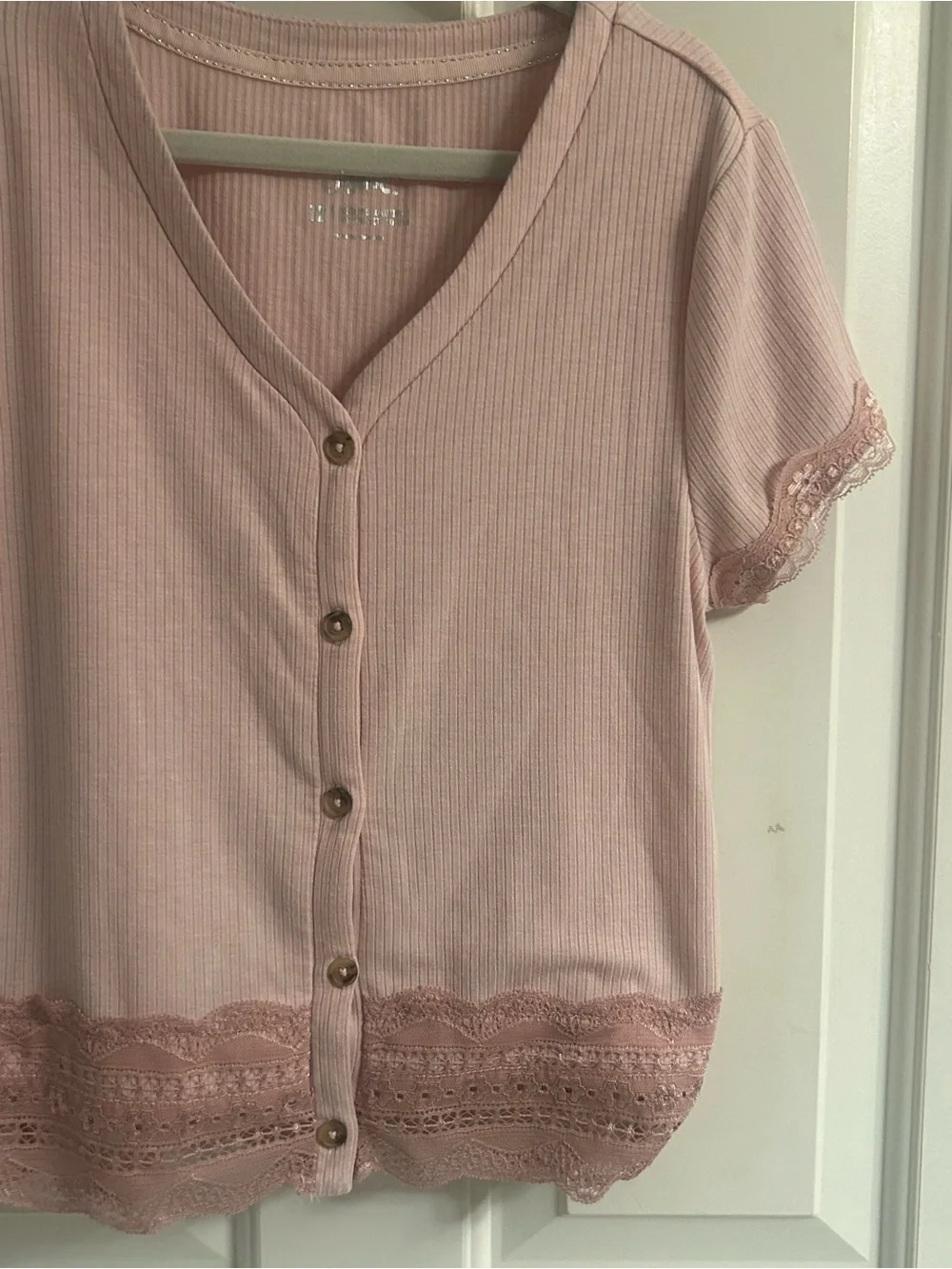 Girls Justice Pink Ribbed Lace-Trim Button-Front Short Sleeve Top